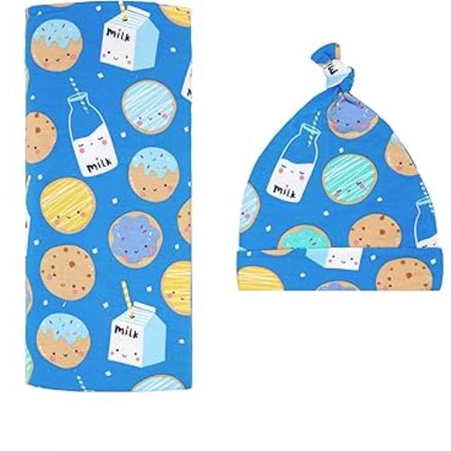 Little Sleepies Swaddle & Hat Set, Baby Swaddles Newborns, Soft Viscose from Bamboo Swaddle Blanket Wrap (Blue Cookies & Milk)