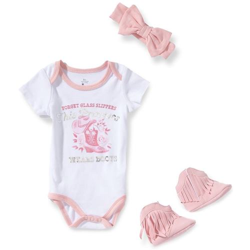 Baby Starters Baby Girl Short Sleeve Western Theme Bodysuit & Headband, Booties 3-Piece Set