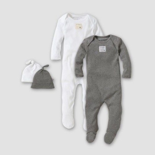 Burt's Bees Baby® Organic Cotton 4pc Footed Coverall and Hat Set - White/Heather Gray 0-3M