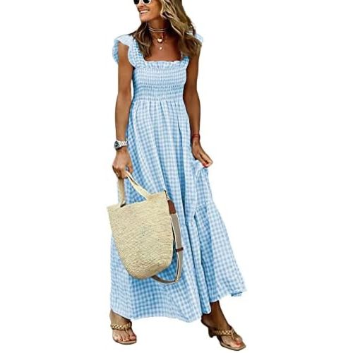 chouyatou Women's Retro Plaid Smocked Dress Spaghetti Strap Flounce Long Dress
