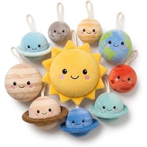 Juju Hanging Fabric Solar System Set – Soft Velour Sun and Planets with Embroidered Faces – Nine-Piece Nursery Ceiling and Wall Decor on Cotton Loops – Pastel Space Room Accent