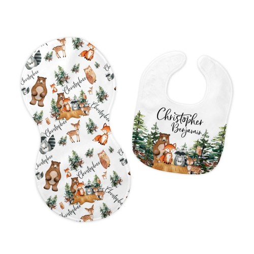 Woodland Bib and Burp Cloth Set, Woodland Bib, Woodland Burp Cloth, Woodland Nursery, Personalized Bear Bib, Bear Fox Raccoon, W1