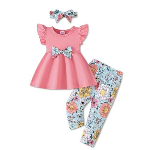 Toddler Baby Girl Clothes Infant Girl Outfits Fall Ruffle Floral T-Shirt Top Pants Set Winter Spring Clothes
