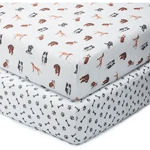 LollyBanks Muslin Crib Sheets 2 Pack, 100% Cotton Baby Crib Sheets for Boys and Girls, Soft and Breathable Neutral Baby Fitted Sheet for Standard 52"x28" Mattress, Registry (Dogs and Paws Design)