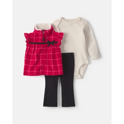 Baby Girl 3-Piece Plaid Fleece Layering Set - Red/Black/Cream | Carter's