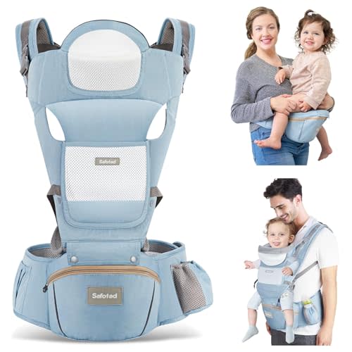Safotad Baby Carrier with Hip Seat,Ergonomic M Position 6in1 Baby Carrier Newborn to Toddler,Head Support and Breathable Mesh Newborn Carrier,Adjustable Baby Holder Carrier for Dad&Mom-Blue