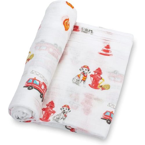 LollyBanks Muslin Swaddle Blanket, 100% Muslin Cotton Swaddle Blankets for Baby Boys, 47 X 47 Inches Soft and Cozy Blankets for Newborn Baby, Newborn Essential, Registry (Fireman Dog Print)