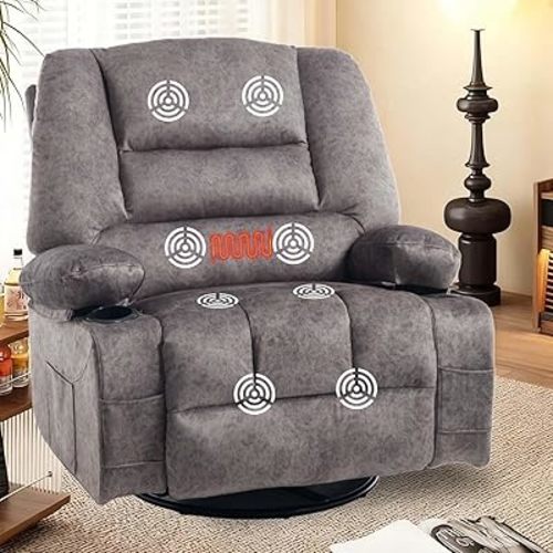 KCQ Oversized Swivel Rocker Recliner Chair with Massage Heat Cup Holders Overstuffed Fabric Reclining Glider Chairs for Nursery Manual Rocking Recliner, Grey