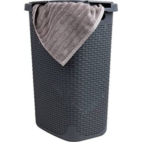 Mind Reader Slim Laundry Hamper with Lid, 60L Clothes Basket, Premium Wicker Design, Plastic, Gray