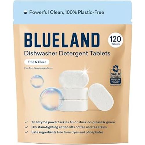 BLUELAND 100% Plastic-Free Dishwasher Detergent Tablets, 120 Count, Free & Clear, Eco-Friendly Dishwashing Pods, Natural, USDA Certified biobased
