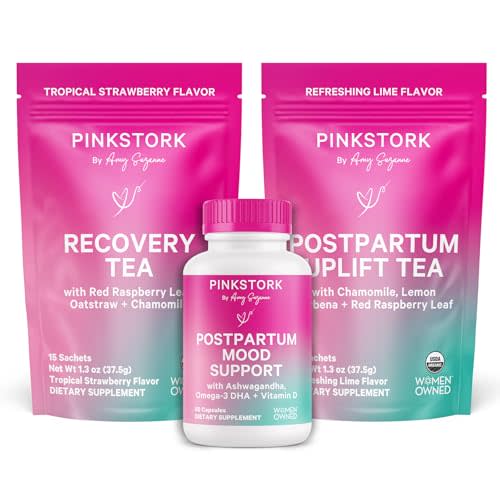 Pink Stork Postpartum Essentials for Hormone Balance, Recovery, and Mood Support for Women - Postnatal Vitamins with Ashwagandha, Raspberry Leaf Tea, and Chamomile Tea - Gifts for New Mom - Set of 3