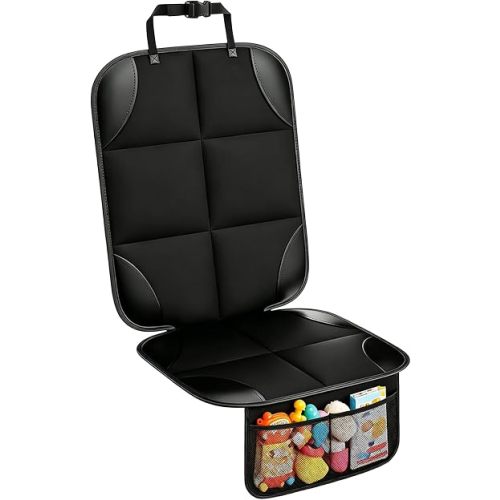 Universal Car Seat Protector - Waterproof Leather Seat Cover with Non-Slip Back & Organizer Pockets, Thick Padding for Child Safety (1, Black)