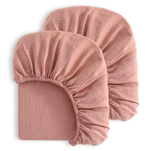 NTBAY 2 Pack Muslin Cotton Mini Crib Sheets, Soft and Breathable Double Layer 24x38 Baby Crib Sheets for Mini Crib and Toddler Mattresses, Boys, Girls, Unisex, Blush Pink, 24x38 Inches