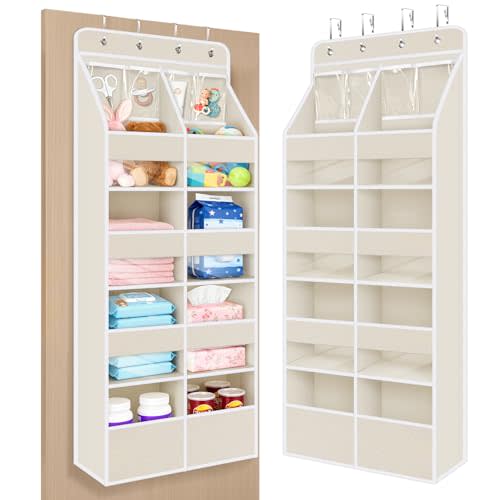 Univivi 5-Shelf Fabric Door Storage Over Door Hanging Organizer with 8 Large Pockets and 4 Small PVC Pockets Closet Cabinet Wall Mount Hanging Storage Organizers for Baby Nursery (Beige Pattern)