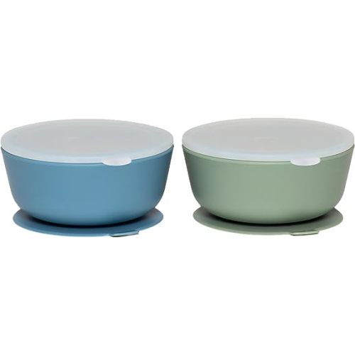 WeeSprout Suction Bowls for Baby & Toddlers (Set of 2) - 100% Silicone w/Plastic Lid - Leak Proof Feeding Supplies - Dishwasher & Microwave Safe Infant Dinnerware w/Extra Strong Base