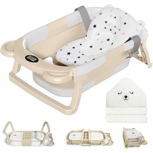 MoreFeel Collapsible Baby Bathtub for Newborn with Thermometer & 1 Hooded Towel & 1 Soft Floating Cushion,Portable Travel Bathtub with Drain Hole, Durable Foldable Baby Tubs for Infants to Toddler