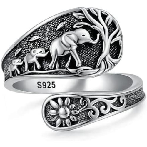 Mother Daughter Son Spoon Ring 925 Sterling Silver Elephant/Highland Cow/Dinosaur/Wolf/Dragonfly/Butterfly/Mushroom/Spoon Ring Vintage Boho Oxidized Wrap Adjustable Ring Gifts