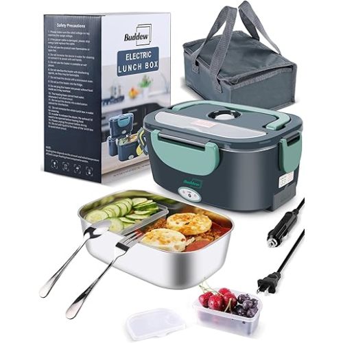 Buddew Electric Heated Lunch Box for Adults - 80W Fast Heating, 1.5L Food-Grade Stainless Steel, 12V/24V/110V Portable Food Warmer for Work Travel Car, Lonchera Electrica Portatil (Green)