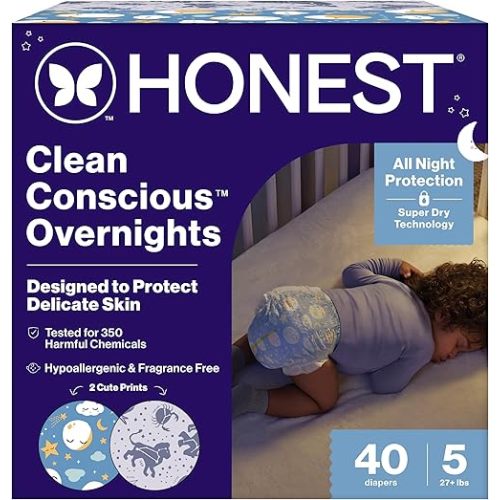The Honest Company Comfort Dry Disposable Overnight Diapers for Sensitive Skin, Hypoallergenic, Baby Cozy Cloud and Star Signs Design Club Box Size 5 (27 lbs) 40 Count