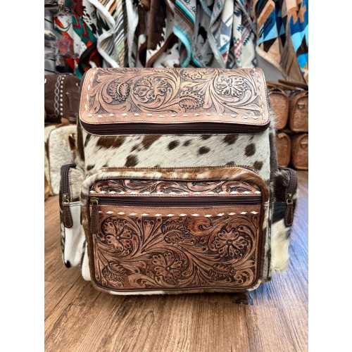 Brown Hand Tooled Leather Cowhide Western Backpack Diaper Bag