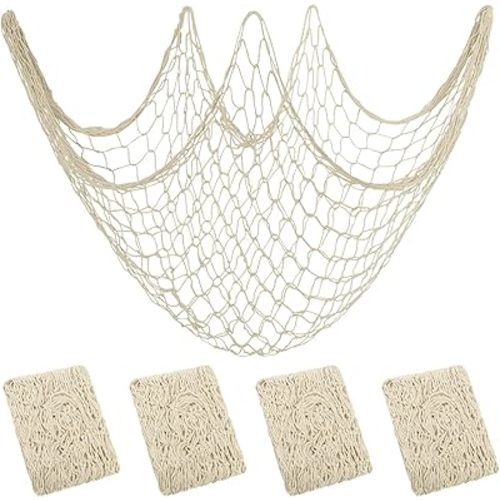 Aodaer 4 Pieces Natural Fish Net Decorative Fish Netting Natural Cotton Beach Decorations for Mermaid Birthday Baby Shark Birthday Under the Sea Party Pirate Party Favor