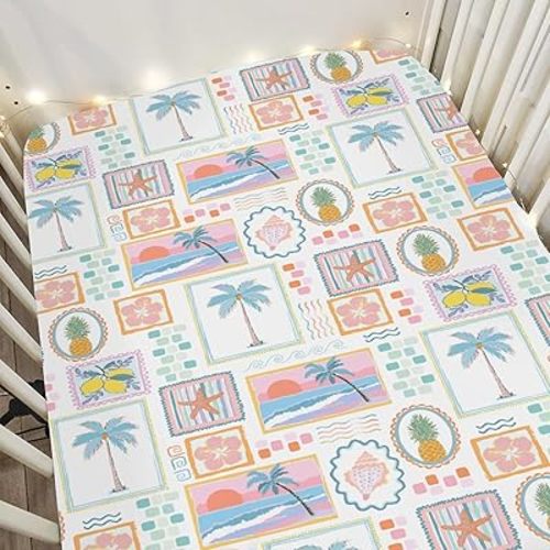 Colorful Beach Patchwork Baby Crib Sheets for Girl 52x28 Bright Summer Seashells Girly Soft Snug Fitted Crib Mattress Cover Pineapple Lemon Palm Starfish Baby Sheet for Crib & Toddler Bed Mattresses