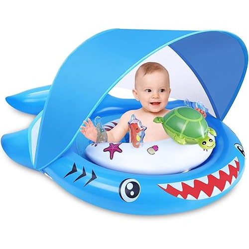 Flotador de piscina para bebé con toldo de protección solar UPF50+, flotador inflable para niños pequeños con juguetes de animales del océano, flotadores de piscina para bebés con asiento de