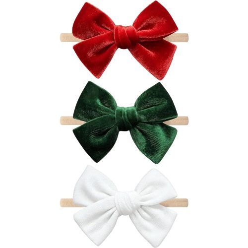 3 Pcs Christmas Red Green White Velvet Baby Bows Headbands For Baby Girls.