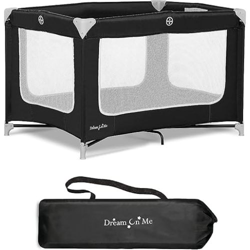 Dream On Me Zoom Portable Playard in Black, Lightweight, Packable and Easy Setup Baby Playard, Breathable Mesh Sides and Soft Fabric - Comes with a Removable Padded Mat