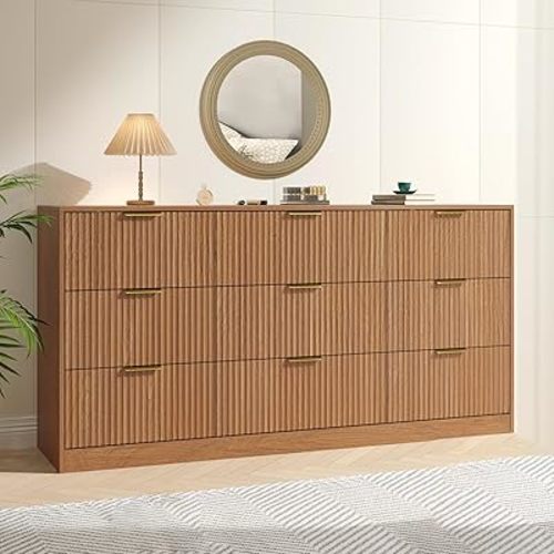 Fluted Dresser for Bedroom with 9 Drawer, 63” Wide Wooden Dresser Mid Century Chest of Drawers with Handle, Dressers TV Stand Storage Organizer for Bedroom, Living Room, Natural Wood