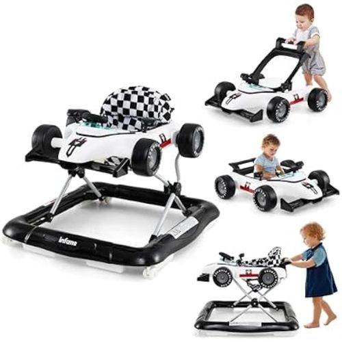 INFANS 4 in 1 Baby Walker, Foldable Toddler Activity Center with Adjustable Height, Padded Seat, Music, Light, Removable Tray, Push Walker for Girls Boys Aged 6-18 Months (Ivory)