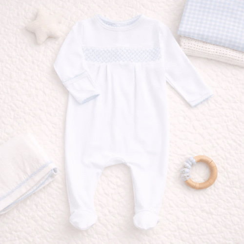 Magnolia Baby Boy Essentials Smocked White Footie with Blue Trim