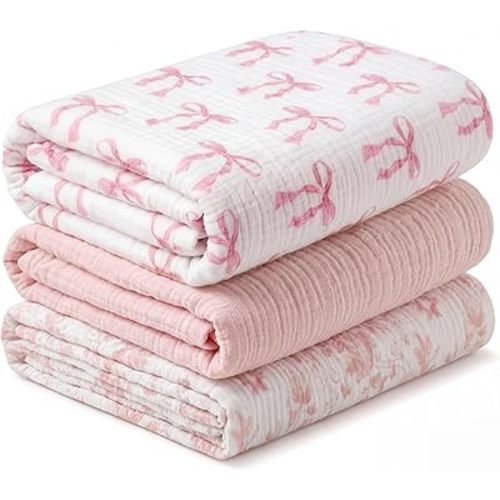 Gilprop 3-Pack Pink Bow Muslin Baby Swaddle Blankets - 47" x 47" Soft Cotton Swaddling Blankets with Pink Bow & Floral Print, Breathable Nursery Swaddles for Newborn Girls, Toddler & Infant