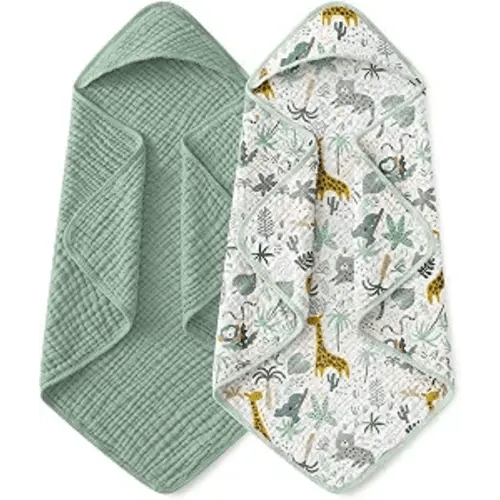 Yoofoss Hooded Baby Towels for Newborn 2 Pack 100% Muslin Organic Cotton Baby Bath Towel with Hood for Babies, Infant, Toddler and Kids, 32x32Inch, Soft and Absorbent Newborn Essential, Green Giraffe