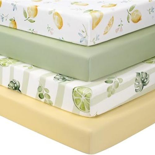 Mini Crib Sheets 38" x 26", Pack and Play Sheets Fitted for Pack n Play Mattress,4 Pack Soft Stretchy Microfiber Yellow Green Lemon