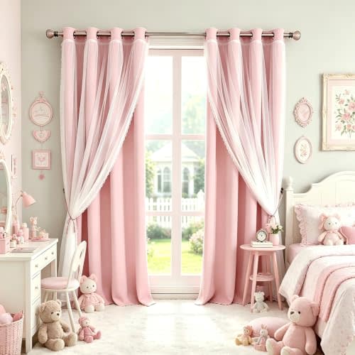 SOFJAGETQ Pink Blackout Curtains with Lace Hems Sheer Overlay, 2 Panels, Thermal Insulated & Soundproof, Room Darkening, Living Room, Bedroom - Modern Elegant Romanntic Pink Drapes, 52x84 Inches