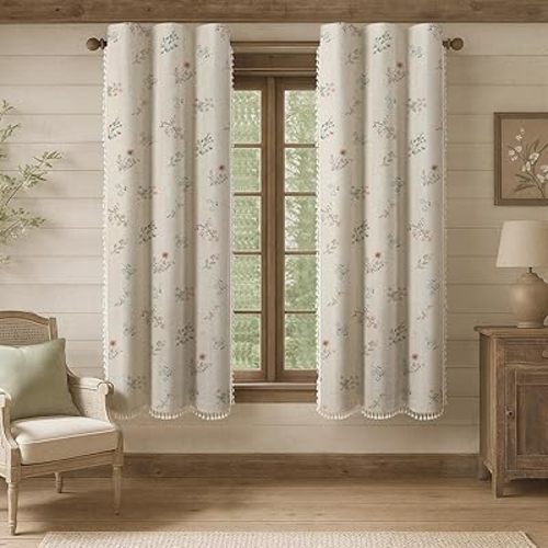 Boho Floral 100% Blackout Curtains for Bedroom 63 Inch Length 2 Panels Set, Linen Texture Farmhouse Curtains Beige Tassel for Living Room Vintage Rustic Patterned Printed Western Rod Pocket
