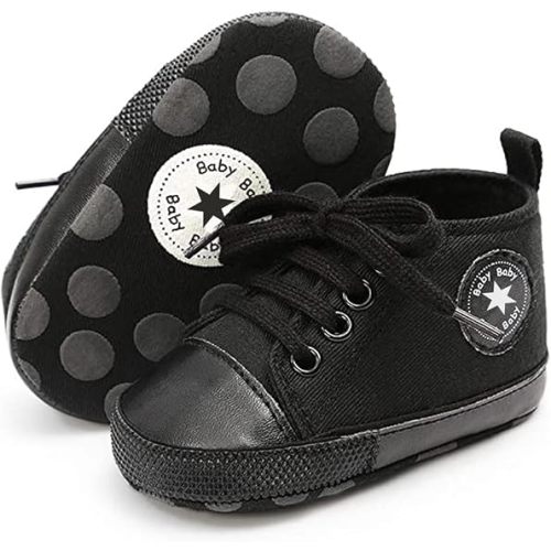 KKIIDDSS Unisex Baby Girls Boys Canvas High-top Shoes, Newborn Infant Anti-Slip Soft Sole Frist Walking Sneakers (A03/Full_Black,0-6 Months)