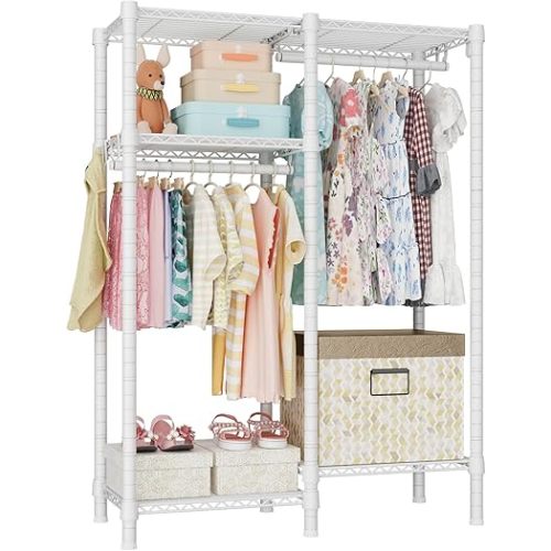 Ulif F1 Garment Rack for Kids, Baby, Students, and Children's Room, 4 Tiers Freestanding and Portable Heavy Duty Closets, Small Metal Clothes Rack with 2 Hanging Rod, 31.2" W x 11.8" D x 48" H, White