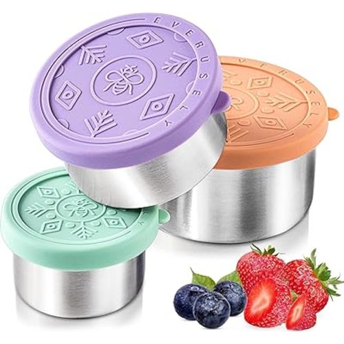 Everusely - Stainless Steel Food Containers - 3 Pack, Bright - Lunch Box for Kids - Snack Containers for Office, Home Food Storage - Leakproof w/Silicone Lids - Dishwasher & Freezer Safe