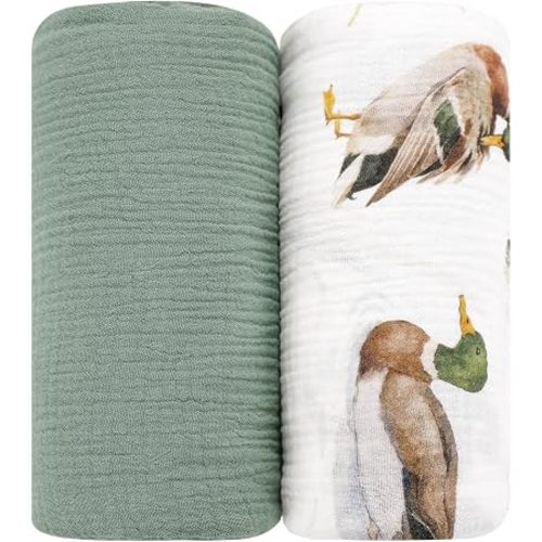 Muslin Swaddle Blankets for Girls Boys 2 Pack, Mallard Duck & Green