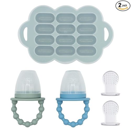 WeeSprout Baby Food Feeder Set - 2 Silicone Feeders & Reusable Freezer Tray with Lid - BPA-Free Fresh Fruit & Veggie Pacifier for Babies & Toddlers - Double as Teething Toys - Dishwasher Safe