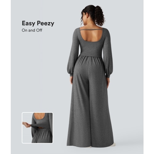 Scoop Neck Backless Long Sleeve Heathered Casual Wide Leg Jumpsuit with Pockets-Easy Peezy