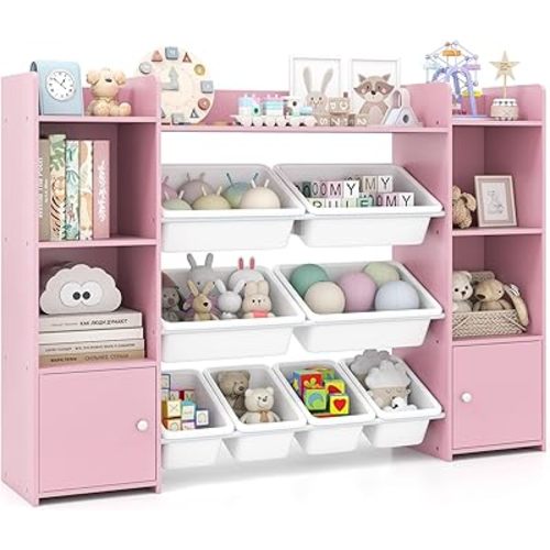 HONEY JOY Kids Toy Storage Organizer, Wooden Floor Storage Cabinet Toy Chest w/ 8 Removable Bins, Open Shelf, Kids Display Bookshelf for Classroom, Playroom & Nursery, Kindergarten (Pink)