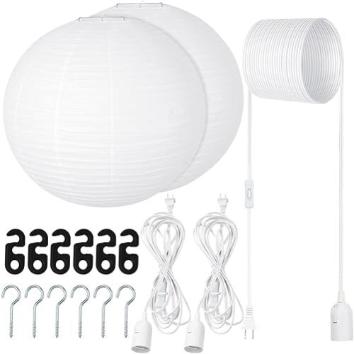 2 Sets Jumbo Paper Lanterns with Lamp Cord Cable White Hanging Paper Lanterns Chinese Japanese Pendant Hanging Lamp for Birthday Wedding Bridal Anniversary Party Decoration (Round,16 Inch)