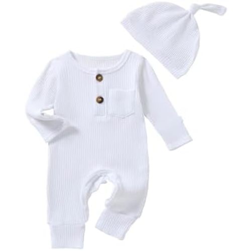 QUEKRE Newborn Baby Boy Girl Clothes Infant One Piece Rompers Solid Ribbed Knit Hat Long Sleeve Clothing Set