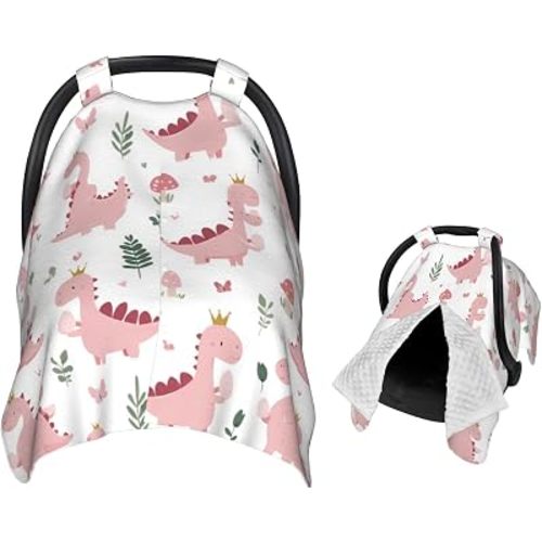 Cute Pastel Pink Dinosaurs Baby Car Seat Canopy Nursing for Breastfeeding Multi-Use Infant Stretchy Carrier Carseat Winter Cover for Newborn Girls Boys
