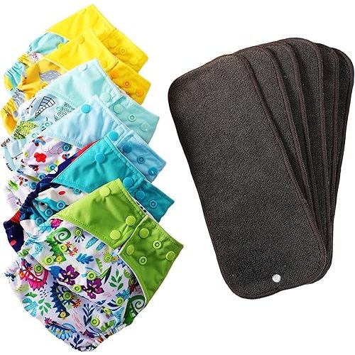 Cloth Diapers 6 Pack with 6 Inserts & 1 Wet Bag - Waterproof Cover, Washable, Reusable & One Size Adjustable Pocket Diapers for Newborns and Toddlers (Bear Set)