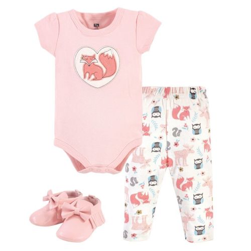Hudson Baby Infant Girl Cotton Bodysuit, Pant and Shoe 3pc Set, Girl Forest, 6-9 Months