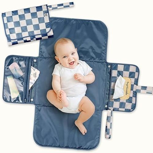 Tiny Twinkle Portable Diaper Changing Pad | Waterproof, Wipeable & Compact Baby Changing Pad for Travel | Smart Wipes Pocket & Organized Storage| Newborn Shower Gift (Blue Checkers)